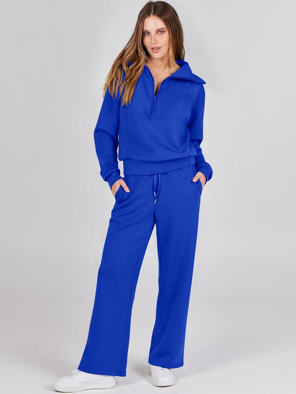 imageANRABESS Women 2 Piece Outfits 2025 Fall Fashion Airport Wide Leg Pants Lounge Set Leisure Travel Vacation Clothes SweatsuitsRoyal Blue