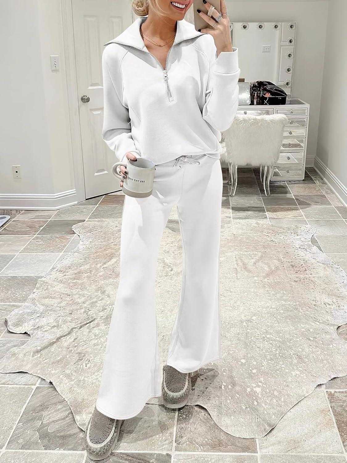 imageANRABESS Women 2 Piece Outfits 2025 Fall Fashion Airport Wide Leg Pants Lounge Set Leisure Travel Vacation Clothes SweatsuitsWhite
