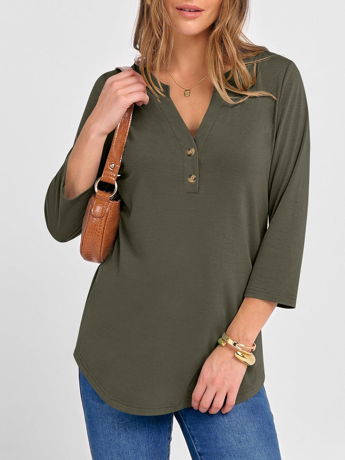 imageANRABESS Women 34 Length Sleeve Henley Tops V Neck Business Casual Work T Shirts Cute Travel Shirts 2025 Fall Trendy OutfitsArmy Green