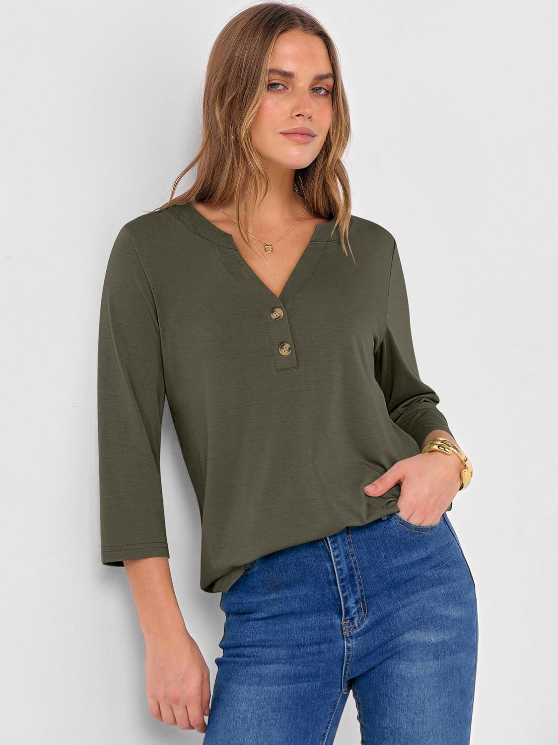 imageANRABESS Women 34 Length Sleeve Henley Tops V Neck Business Casual Work T Shirts Cute Travel Shirts 2025 Fall Trendy OutfitsArmy Green