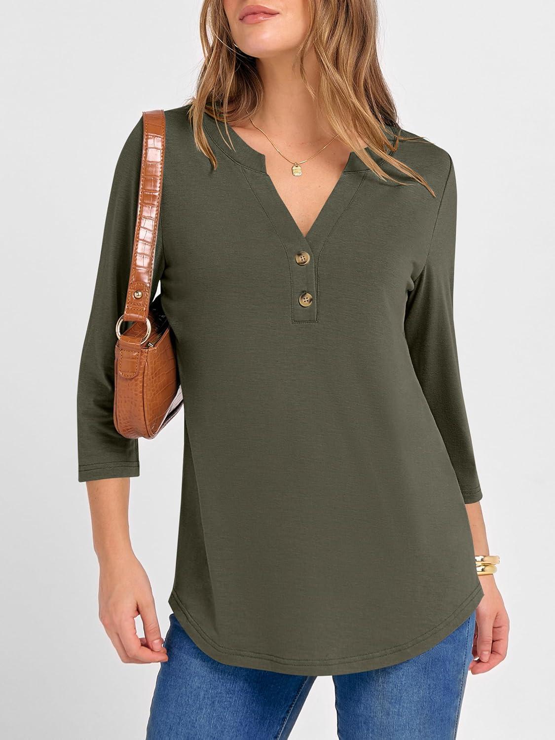imageANRABESS Women 34 Length Sleeve Henley Tops V Neck Business Casual Work T Shirts Cute Travel Shirts 2025 Fall Trendy OutfitsArmy Green