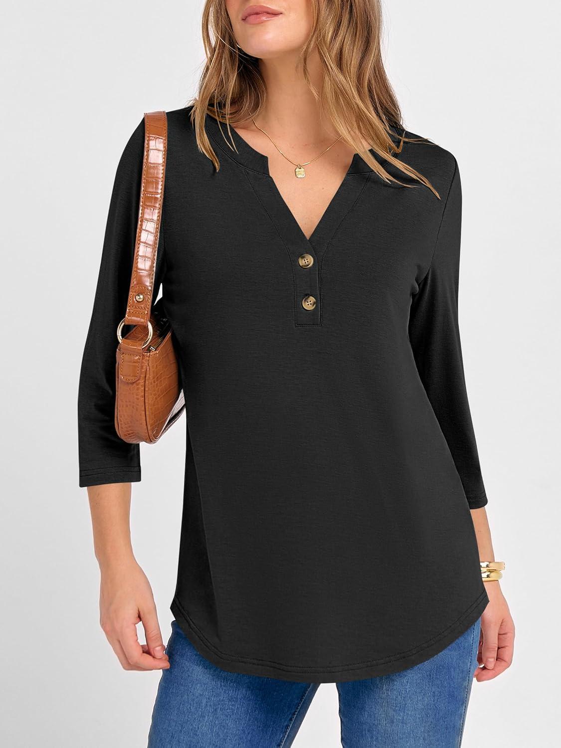 imageANRABESS Women 34 Length Sleeve Henley Tops V Neck Business Casual Work T Shirts Cute Travel Shirts 2025 Fall Trendy OutfitsBlack