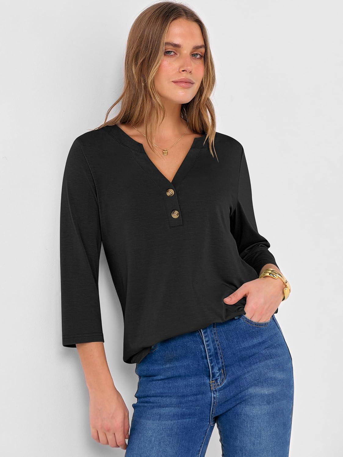 imageANRABESS Women 34 Length Sleeve Henley Tops V Neck Business Casual Work T Shirts Cute Travel Shirts 2025 Fall Trendy OutfitsBlack