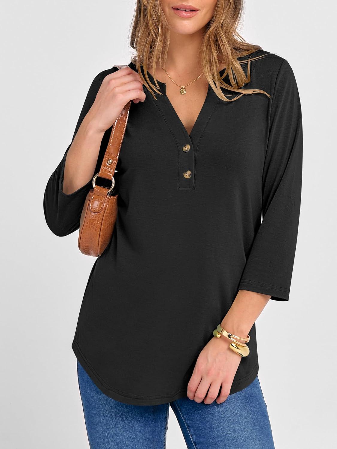 imageANRABESS Women 34 Length Sleeve Henley Tops V Neck Business Casual Work T Shirts Cute Travel Shirts 2025 Fall Trendy OutfitsBlack