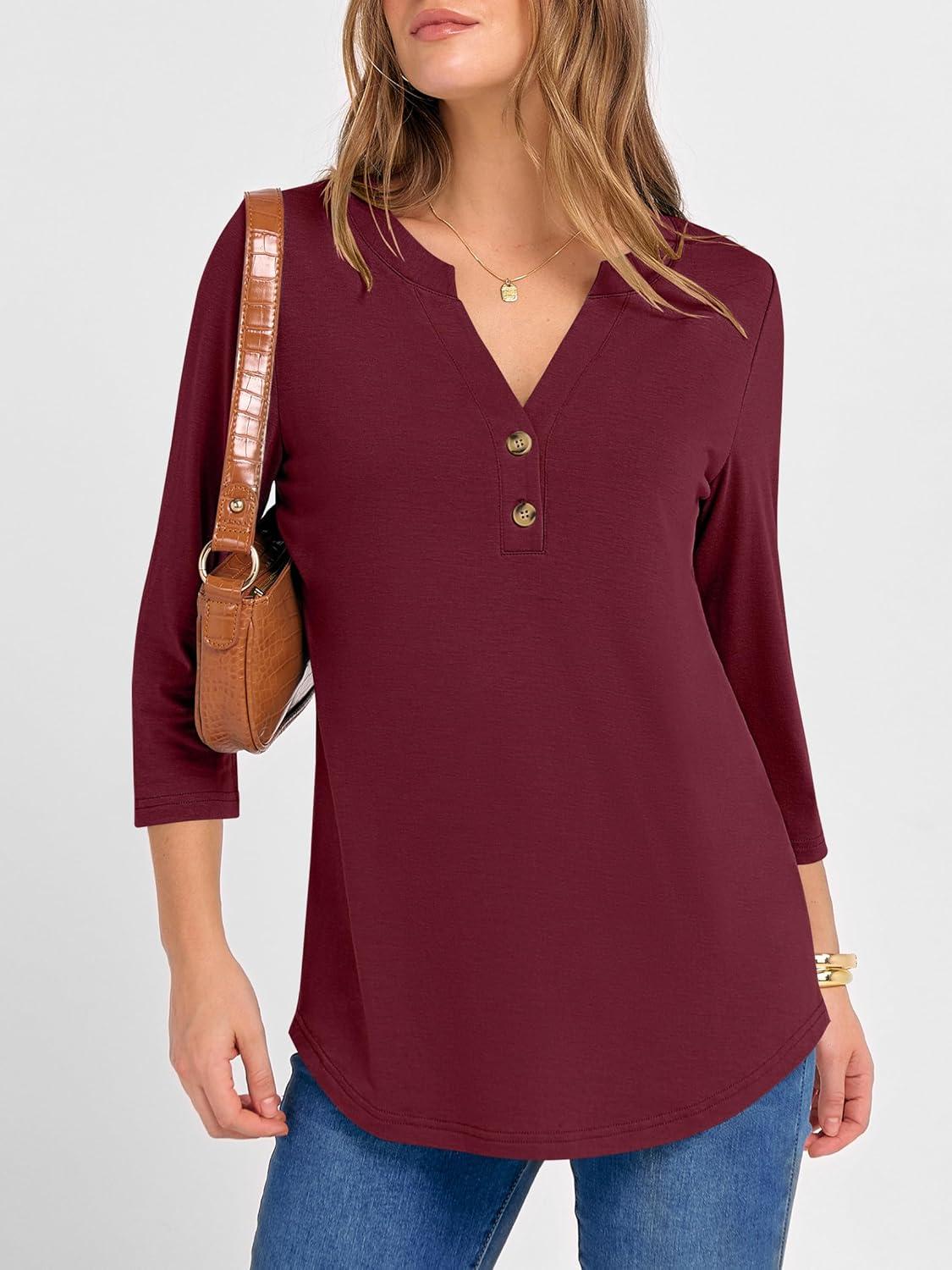 imageANRABESS Women 34 Length Sleeve Henley Tops V Neck Business Casual Work T Shirts Cute Travel Shirts 2025 Fall Trendy OutfitsBurgundy
