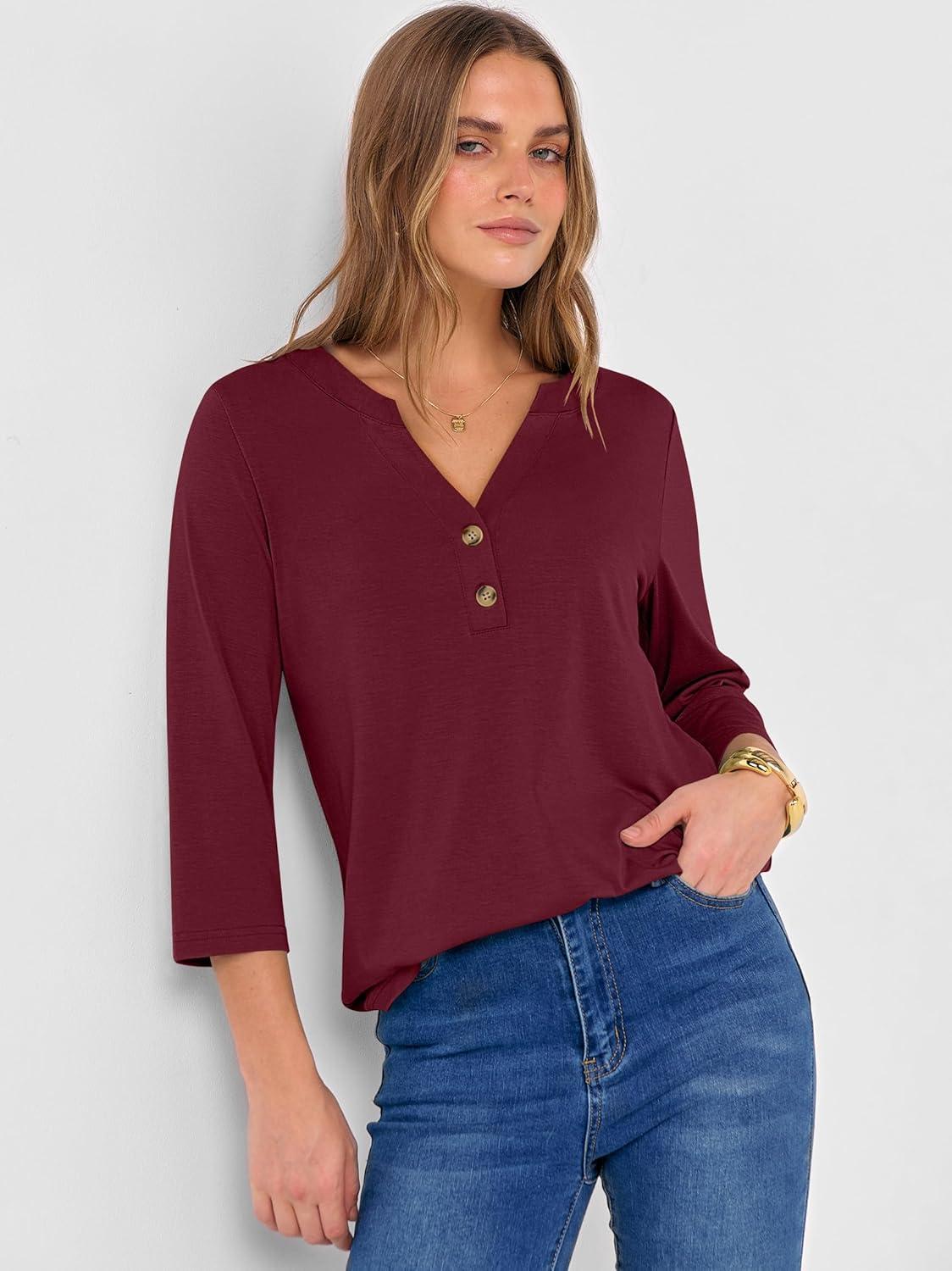 imageANRABESS Women 34 Length Sleeve Henley Tops V Neck Business Casual Work T Shirts Cute Travel Shirts 2025 Fall Trendy OutfitsBurgundy