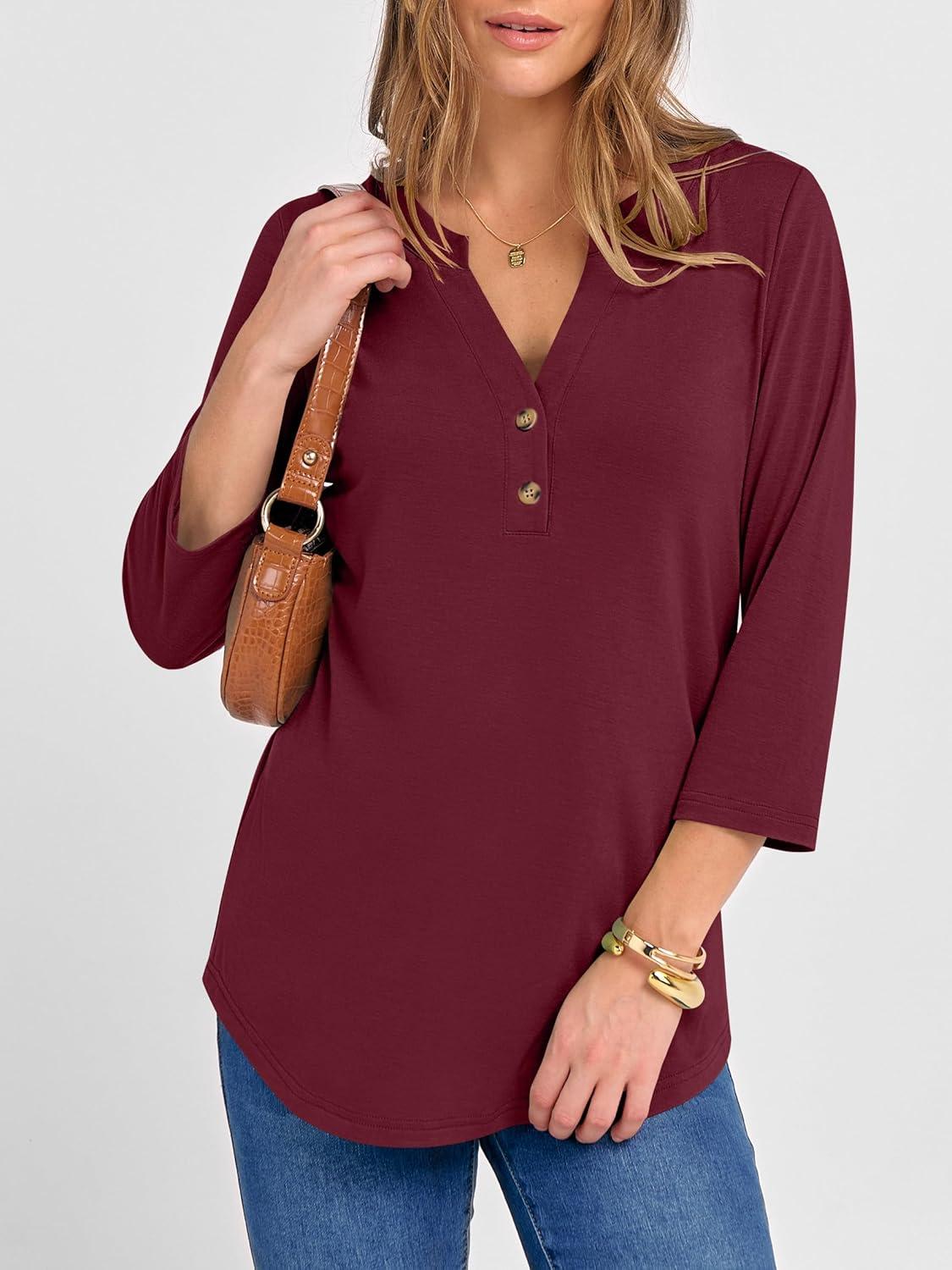 imageANRABESS Women 34 Length Sleeve Henley Tops V Neck Business Casual Work T Shirts Cute Travel Shirts 2025 Fall Trendy OutfitsBurgundy