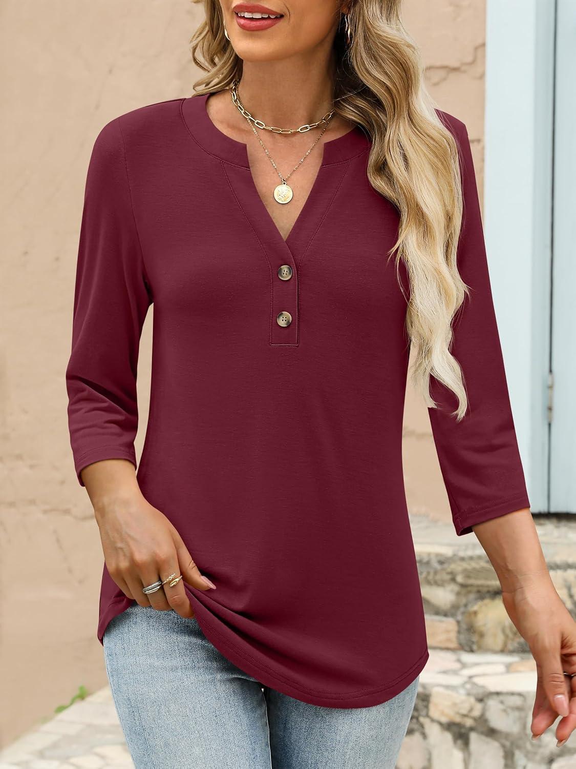 imageANRABESS Women 34 Length Sleeve Henley Tops V Neck Business Casual Work T Shirts Cute Travel Shirts 2025 Fall Trendy OutfitsBurgundy