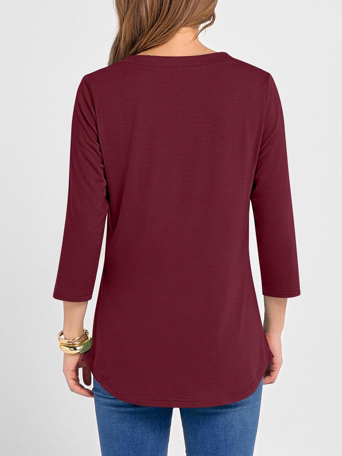 imageANRABESS Women 34 Length Sleeve Henley Tops V Neck Business Casual Work T Shirts Cute Travel Shirts 2025 Fall Trendy OutfitsBurgundy
