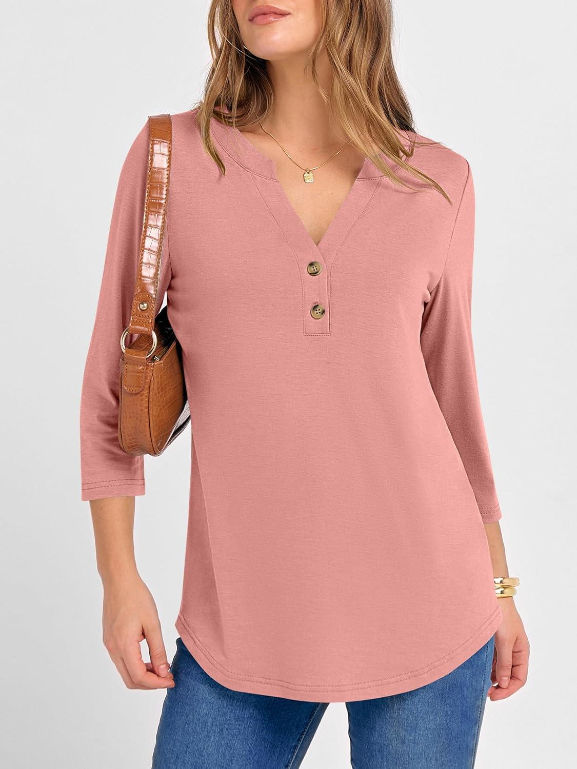 imageANRABESS Women 34 Length Sleeve Henley Tops V Neck Business Casual Work T Shirts Cute Travel Shirts 2025 Fall Trendy OutfitsCoral