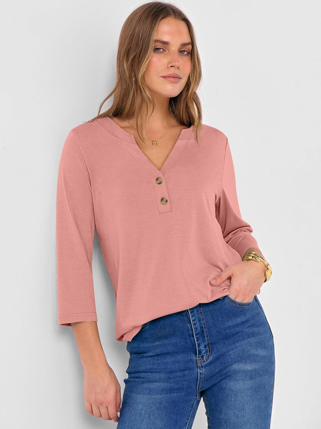 imageANRABESS Women 34 Length Sleeve Henley Tops V Neck Business Casual Work T Shirts Cute Travel Shirts 2025 Fall Trendy OutfitsCoral