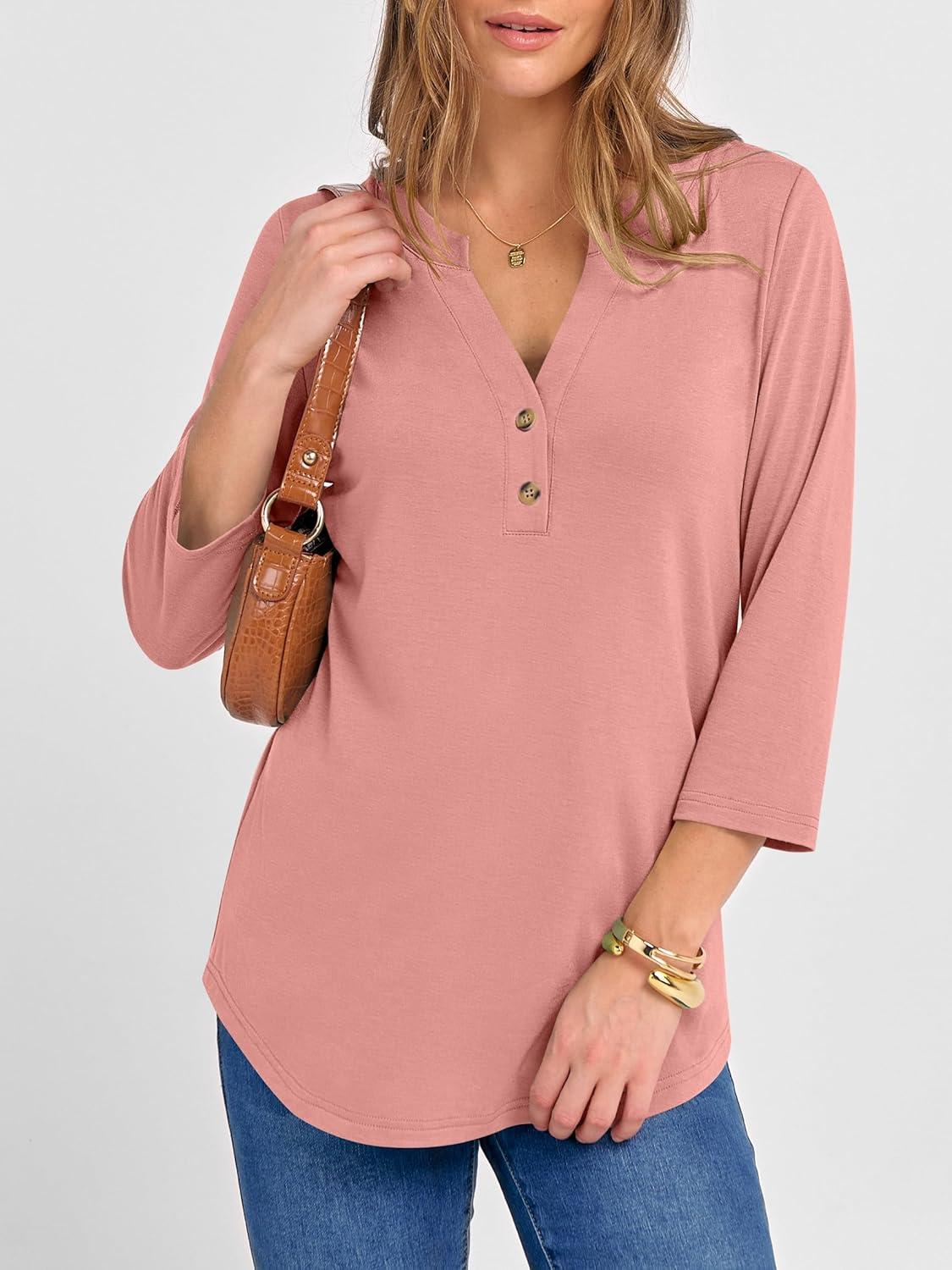imageANRABESS Women 34 Length Sleeve Henley Tops V Neck Business Casual Work T Shirts Cute Travel Shirts 2025 Fall Trendy OutfitsCoral