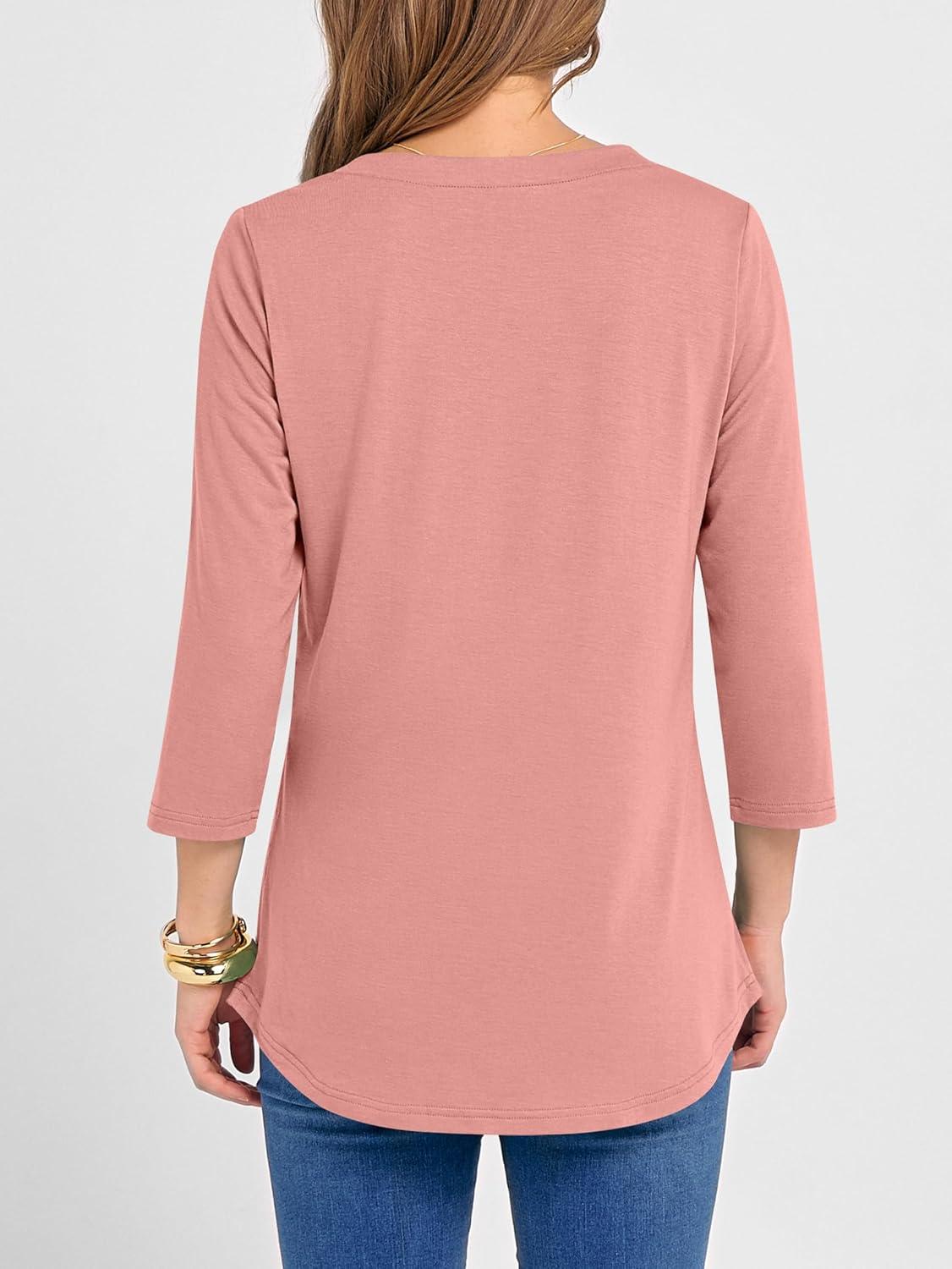 imageANRABESS Women 34 Length Sleeve Henley Tops V Neck Business Casual Work T Shirts Cute Travel Shirts 2025 Fall Trendy OutfitsCoral