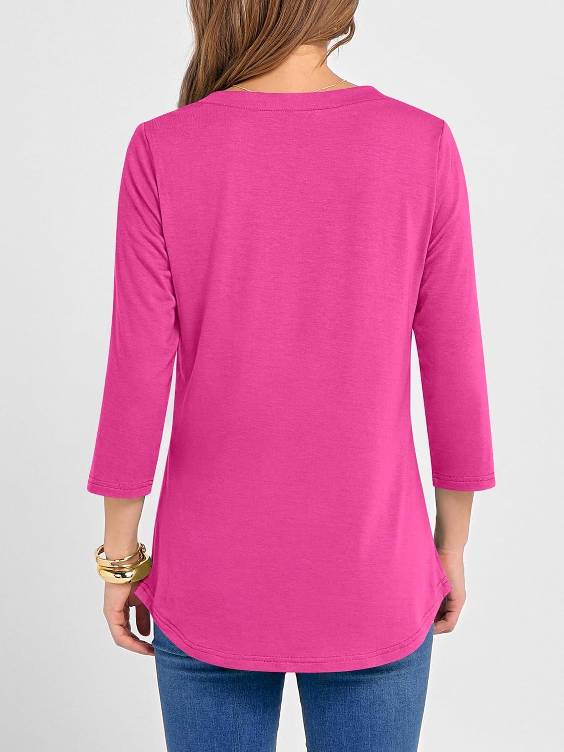 imageANRABESS Women 34 Length Sleeve Henley Tops V Neck Business Casual Work T Shirts Cute Travel Shirts 2025 Fall Trendy OutfitsHot Pink