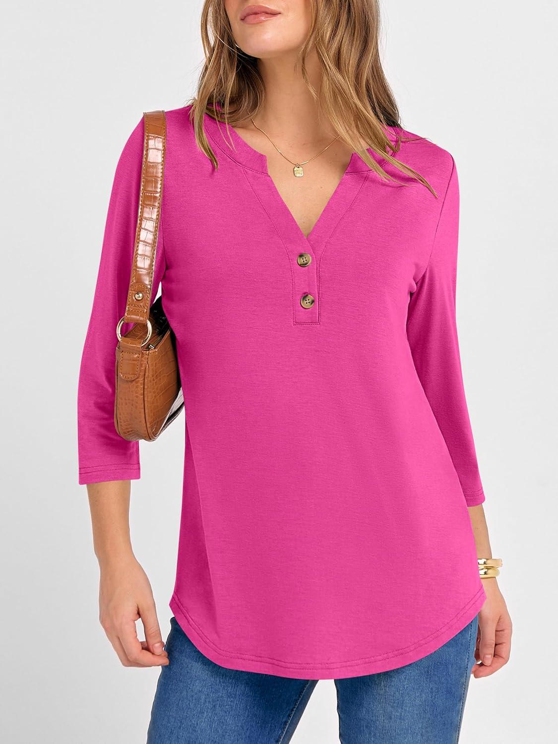 imageANRABESS Women 34 Length Sleeve Henley Tops V Neck Business Casual Work T Shirts Cute Travel Shirts 2025 Fall Trendy OutfitsHot Pink