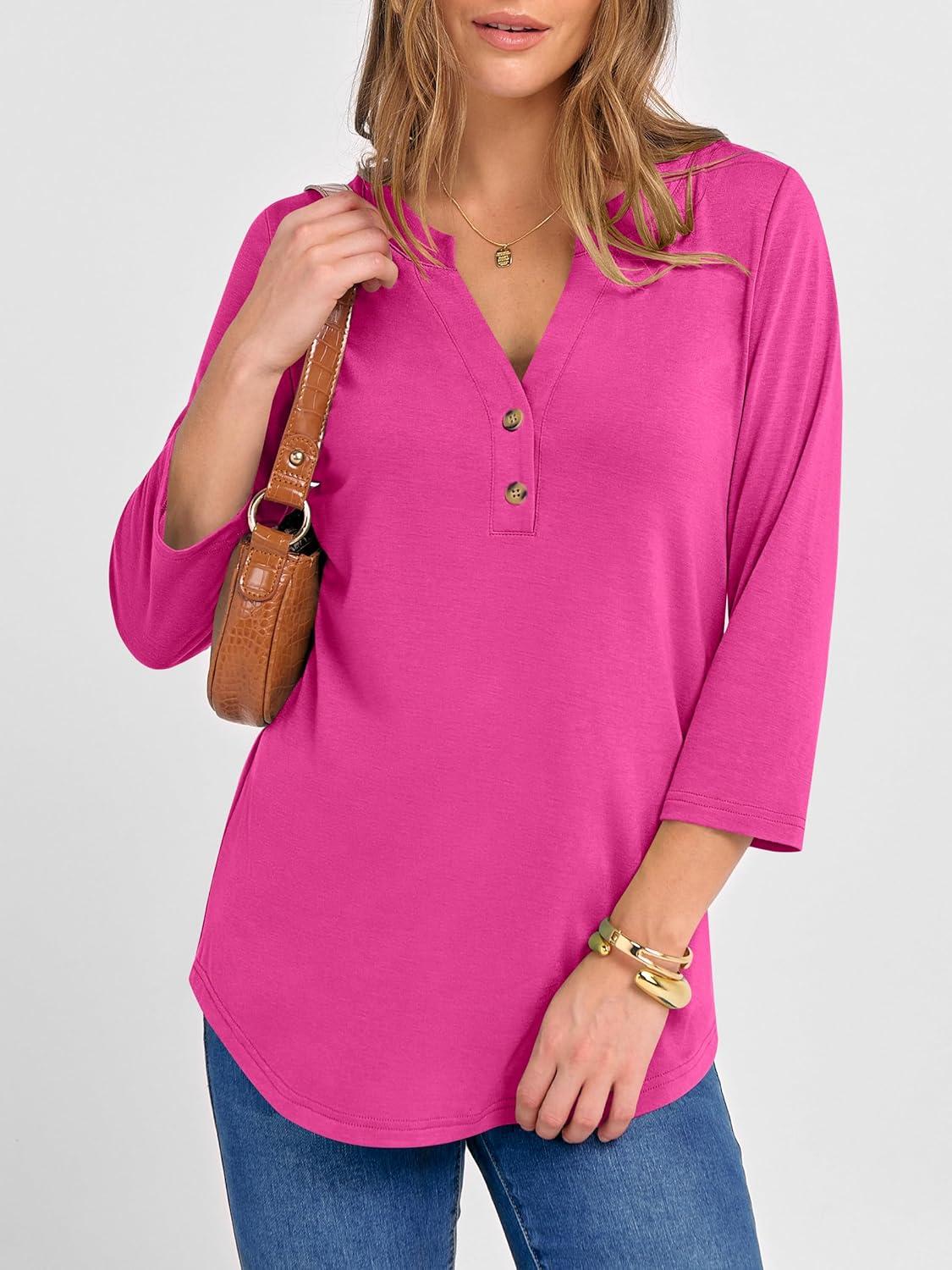 imageANRABESS Women 34 Length Sleeve Henley Tops V Neck Business Casual Work T Shirts Cute Travel Shirts 2025 Fall Trendy OutfitsHot Pink