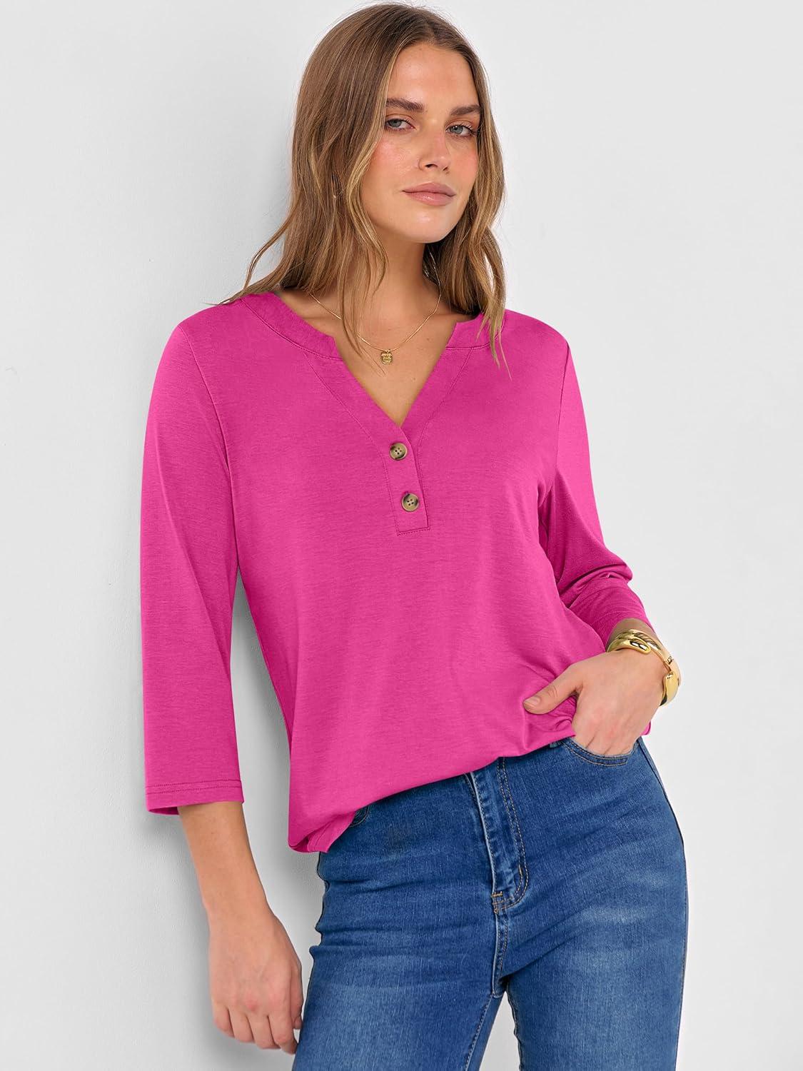 imageANRABESS Women 34 Length Sleeve Henley Tops V Neck Business Casual Work T Shirts Cute Travel Shirts 2025 Fall Trendy OutfitsHot Pink