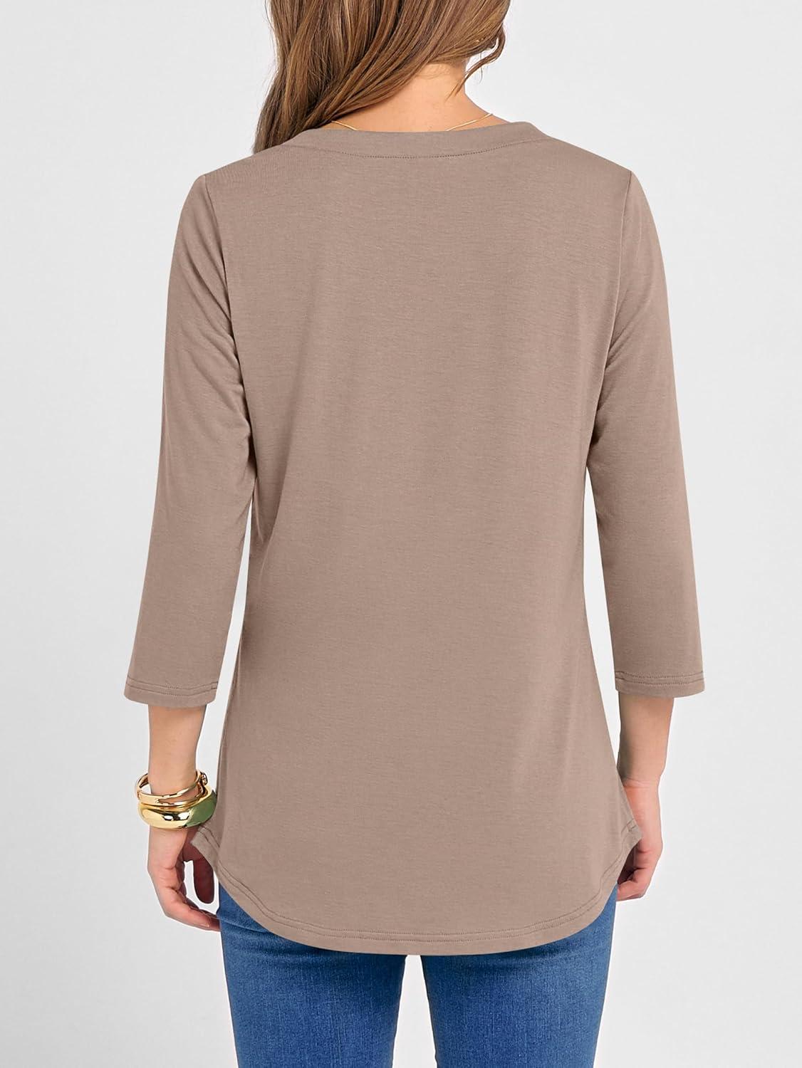 imageANRABESS Women 34 Length Sleeve Henley Tops V Neck Business Casual Work T Shirts Cute Travel Shirts 2025 Fall Trendy OutfitsKhaki