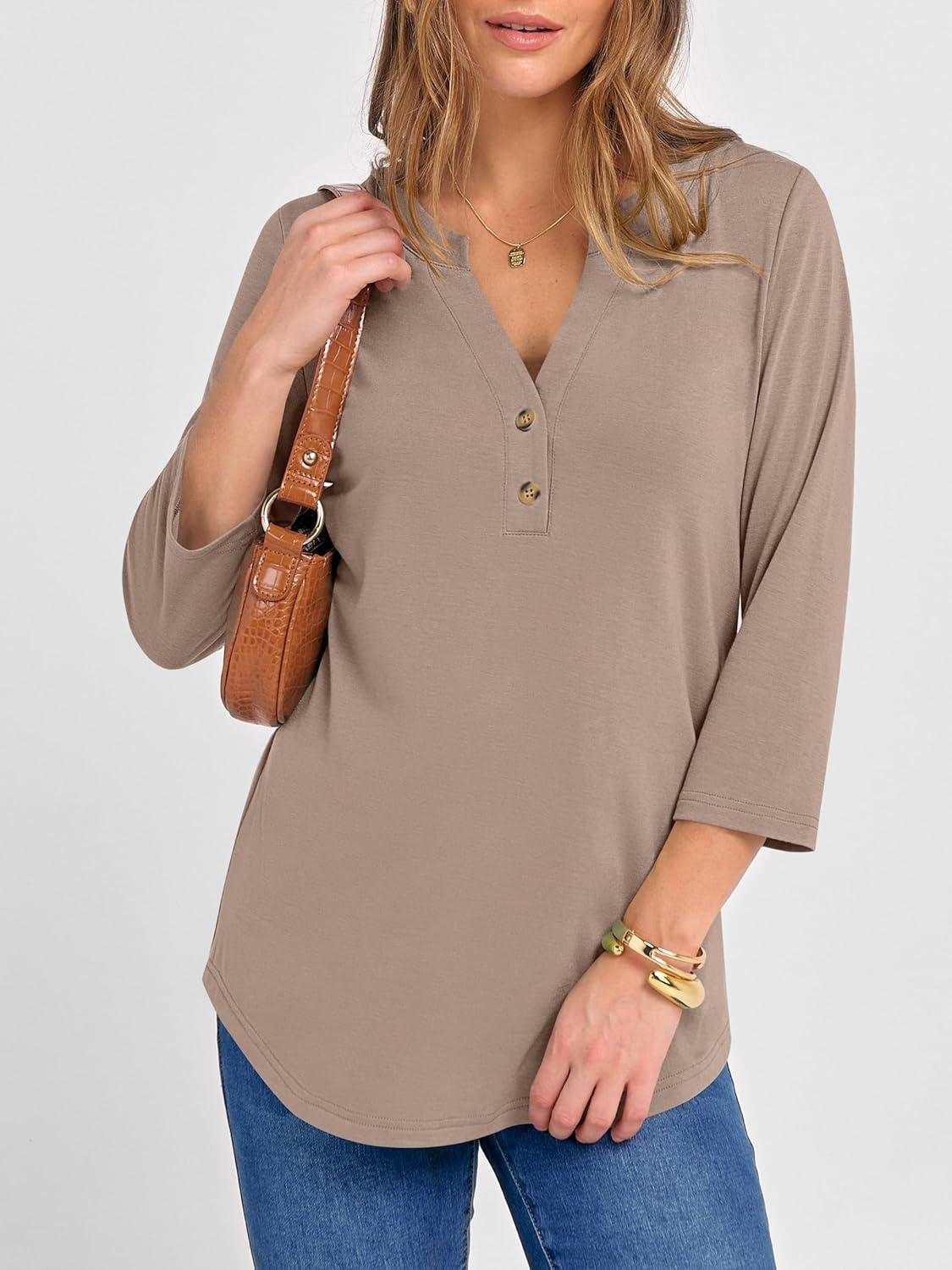 imageANRABESS Women 34 Length Sleeve Henley Tops V Neck Business Casual Work T Shirts Cute Travel Shirts 2025 Fall Trendy OutfitsKhaki
