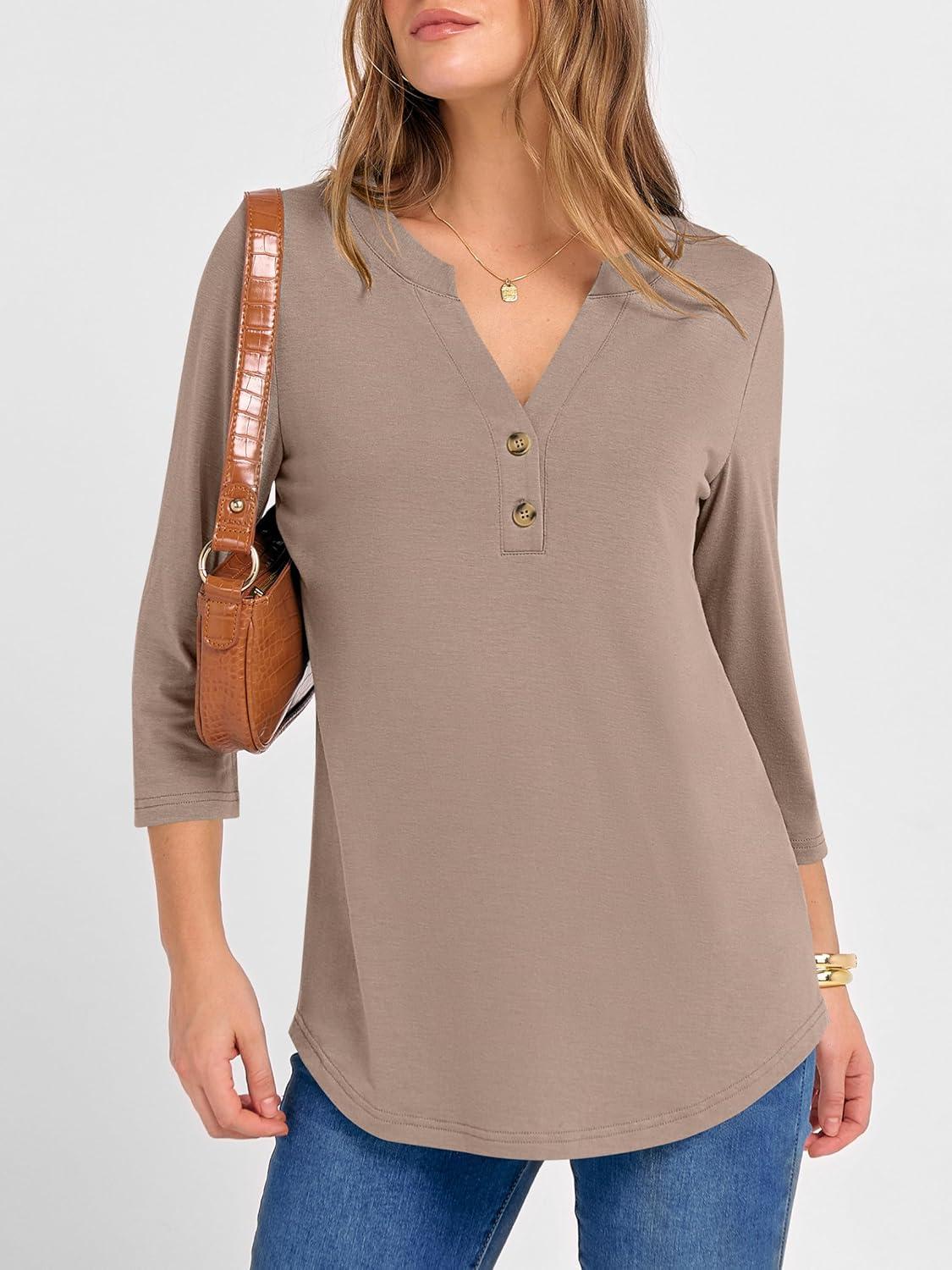 imageANRABESS Women 34 Length Sleeve Henley Tops V Neck Business Casual Work T Shirts Cute Travel Shirts 2025 Fall Trendy OutfitsKhaki