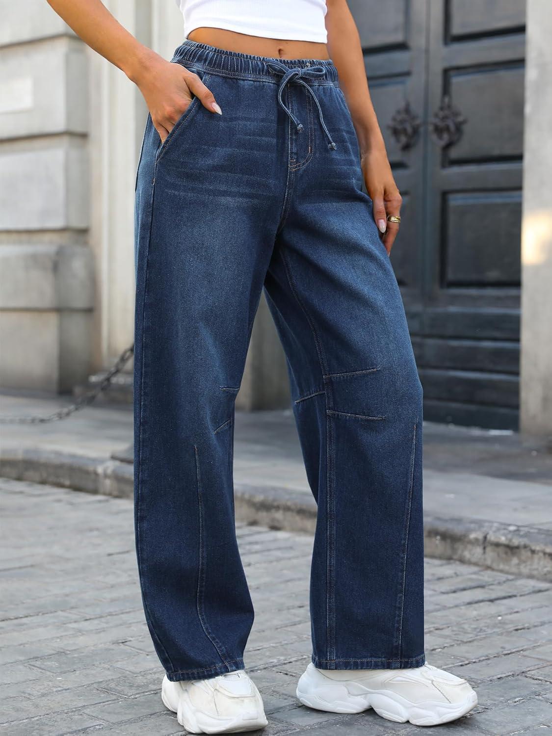 imageANRABESS Women Barrel Jeans High Waisted Wide Leg Drawstring Denim Pants Y2K Baggy Loose Fit Trouser Jeans with PocketsDark Blue