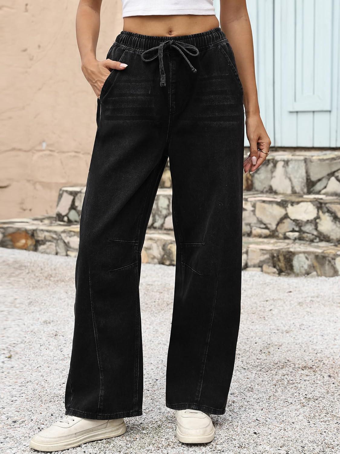 imageANRABESS Women Barrel Jeans High Waisted Wide Leg Drawstring Denim Pants Y2K Baggy Loose Fit Trouser Jeans with PocketsFaded Black