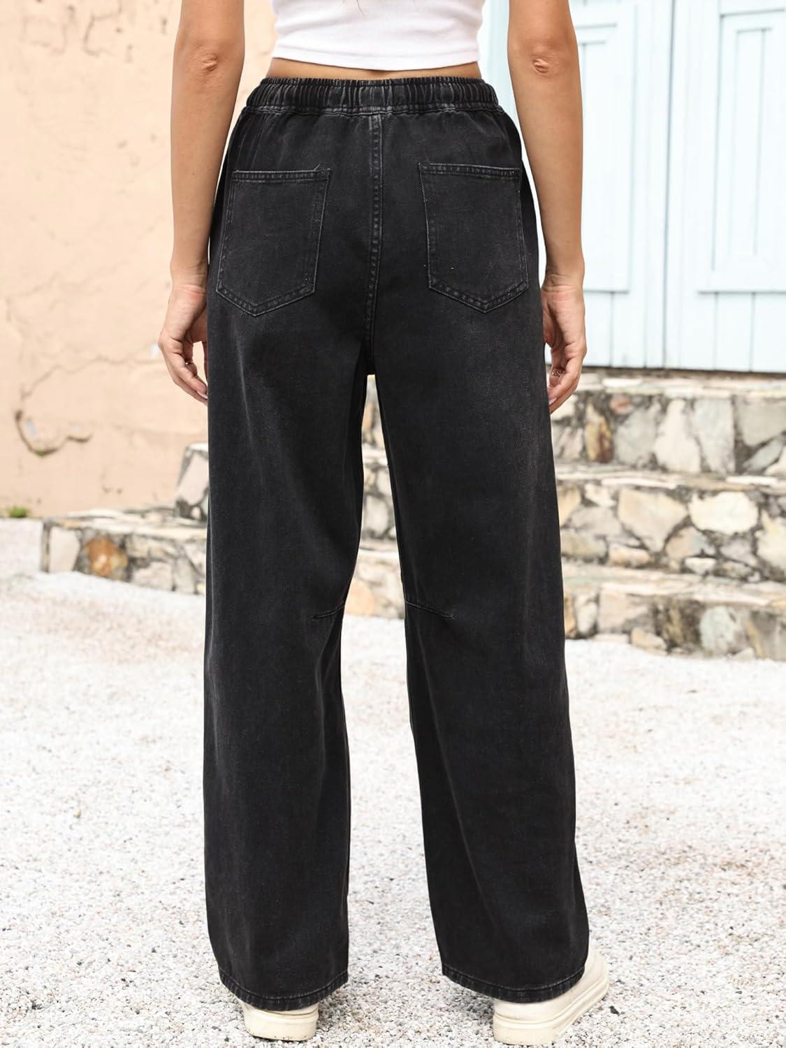 imageANRABESS Women Barrel Jeans High Waisted Wide Leg Drawstring Denim Pants Y2K Baggy Loose Fit Trouser Jeans with PocketsFaded Black