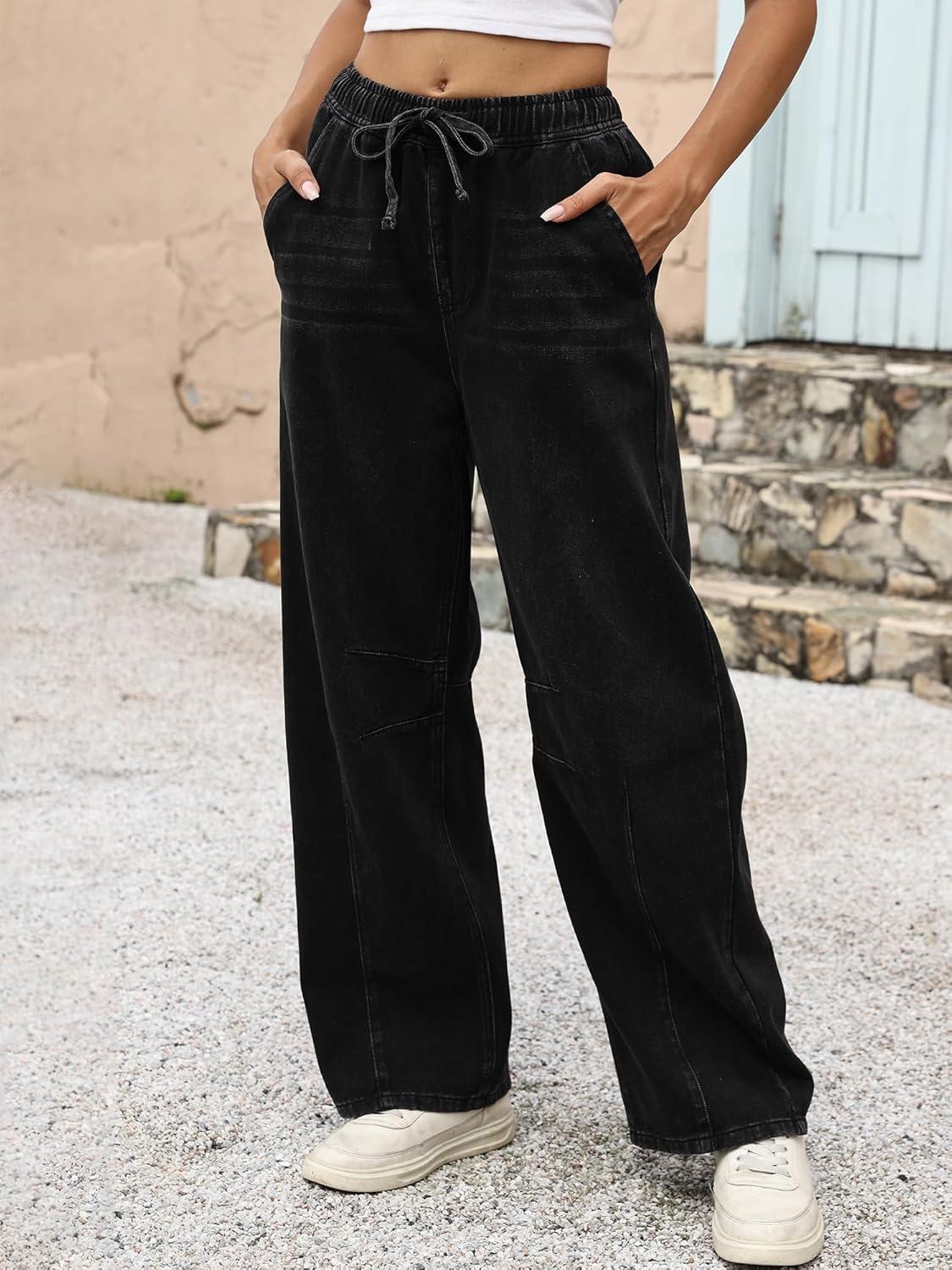 imageANRABESS Women Barrel Jeans High Waisted Wide Leg Drawstring Denim Pants Y2K Baggy Loose Fit Trouser Jeans with PocketsFaded Black