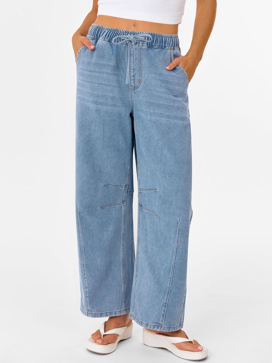 imageANRABESS Women Barrel Jeans High Waisted Wide Leg Drawstring Denim Pants Y2K Baggy Loose Fit Trouser Jeans with PocketsSky Blue