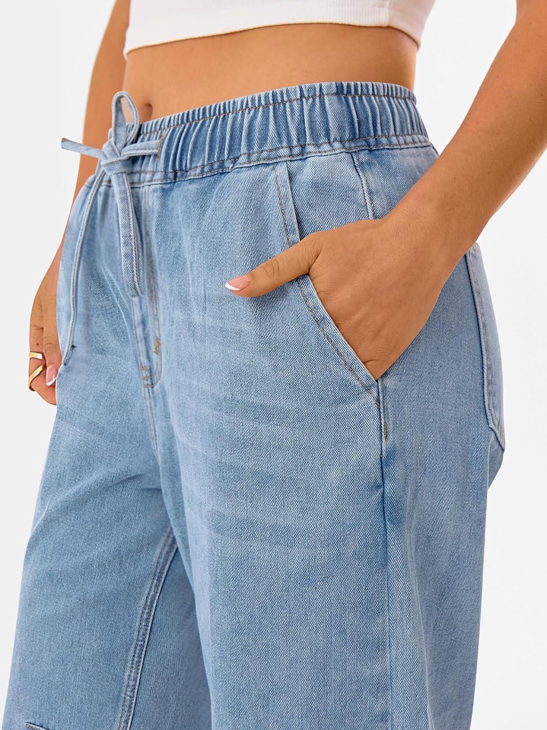 imageANRABESS Women Barrel Jeans High Waisted Wide Leg Drawstring Denim Pants Y2K Baggy Loose Fit Trouser Jeans with PocketsSky Blue