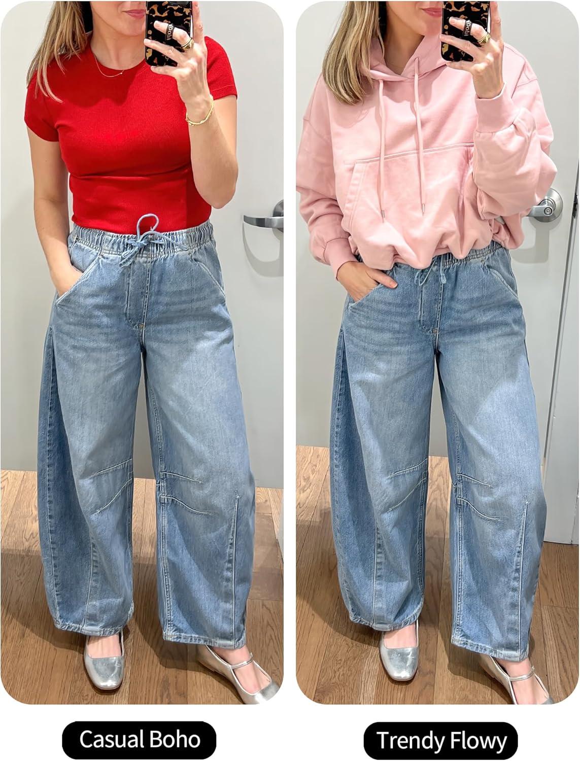 imageANRABESS Women Barrel Jeans High Waisted Wide Leg Drawstring Denim Pants Y2K Baggy Loose Fit Trouser Jeans with PocketsSky Blue