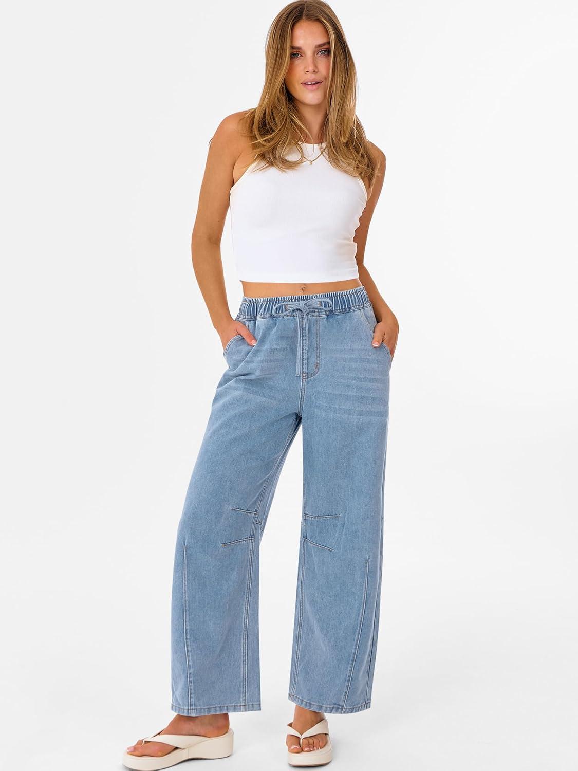 imageANRABESS Women Barrel Jeans High Waisted Wide Leg Drawstring Denim Pants Y2K Baggy Loose Fit Trouser Jeans with PocketsSky Blue
