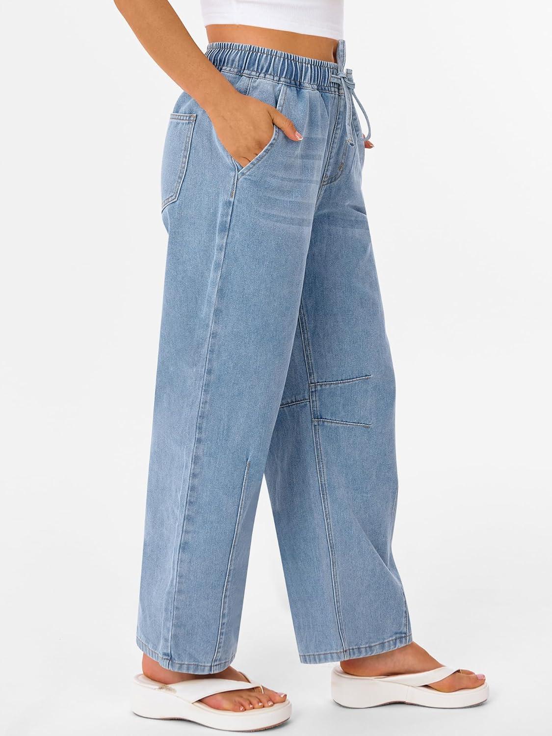 imageANRABESS Women Barrel Jeans High Waisted Wide Leg Drawstring Denim Pants Y2K Baggy Loose Fit Trouser Jeans with PocketsSky Blue