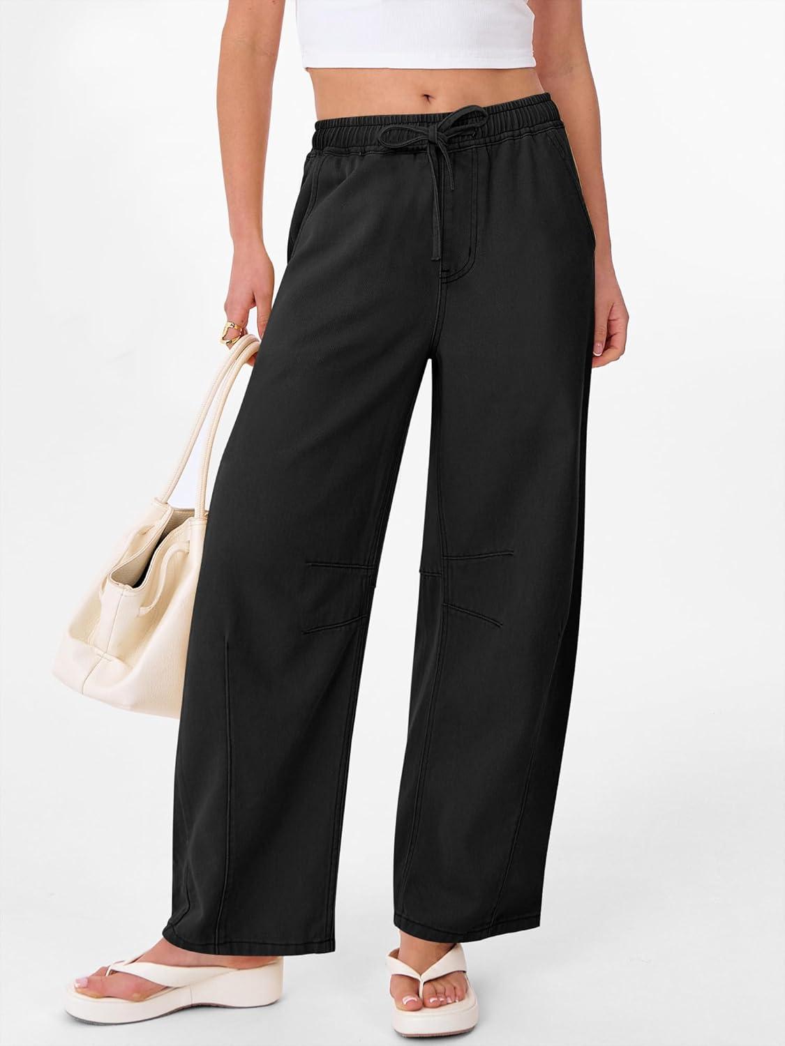 imageANRABESS Women Barrel Jeans High Waisted Wide Leg Drawstring Denim Pants Y2K Baggy Loose Fit Trouser Jeans with PocketsTrue Black