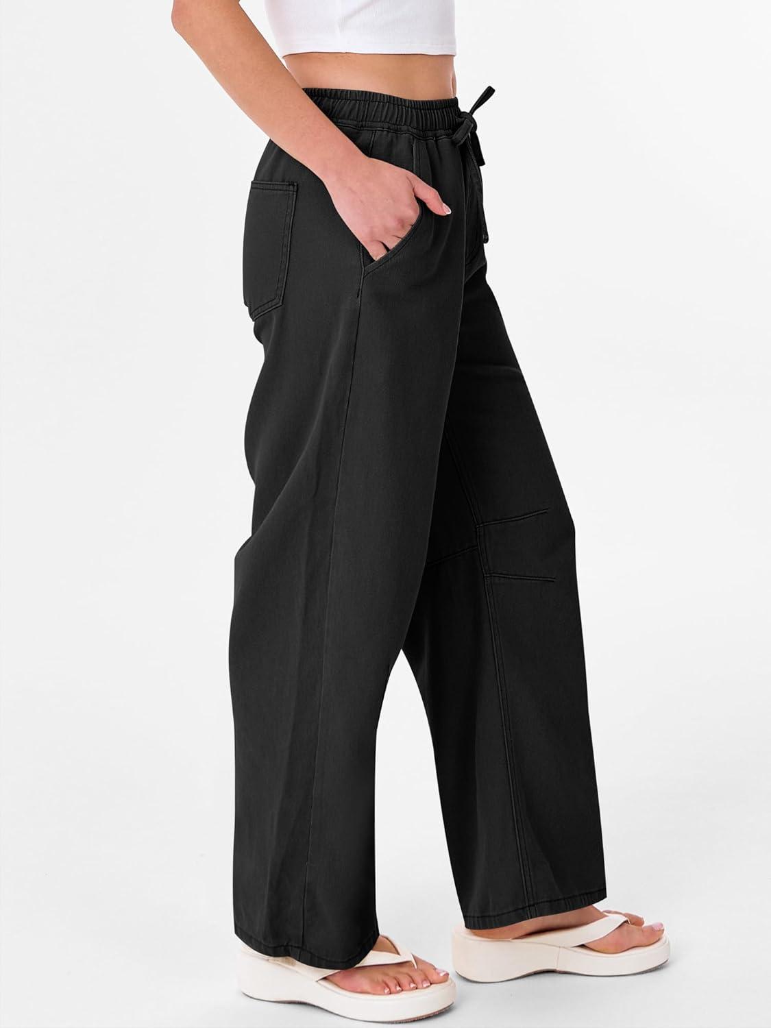 imageANRABESS Women Barrel Jeans High Waisted Wide Leg Drawstring Denim Pants Y2K Baggy Loose Fit Trouser Jeans with PocketsTrue Black