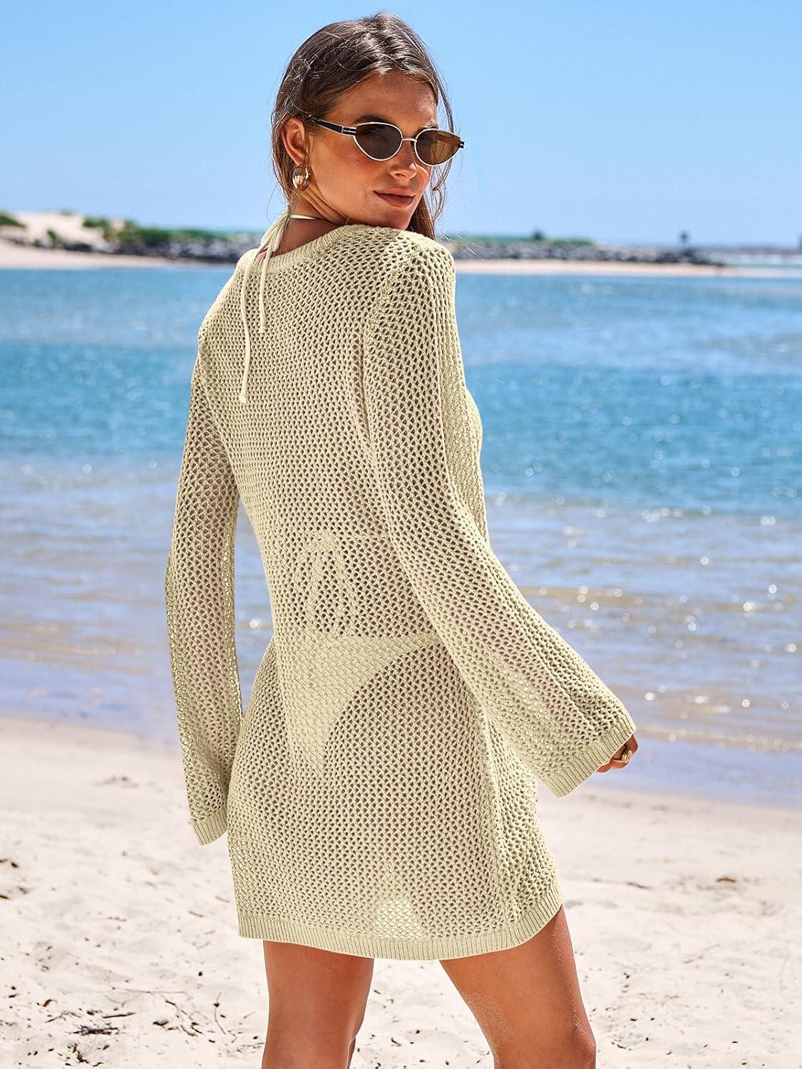 imageANRABESS Women Beach Crochet Cover Ups Summer Knit Swimwear Mesh Bathing Suit Hollow Out Dress 2025 Vacation SwimsuitBeige