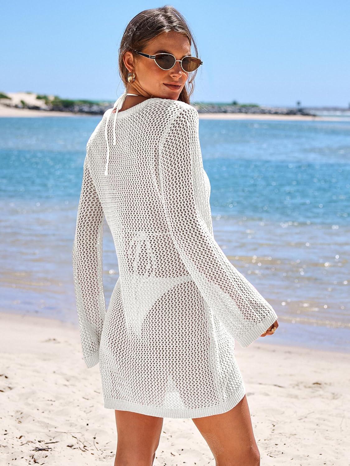 imageANRABESS Women Beach Crochet Cover Ups Summer Knit Swimwear Mesh Bathing Suit Hollow Out Dress 2025 Vacation SwimsuitWhite