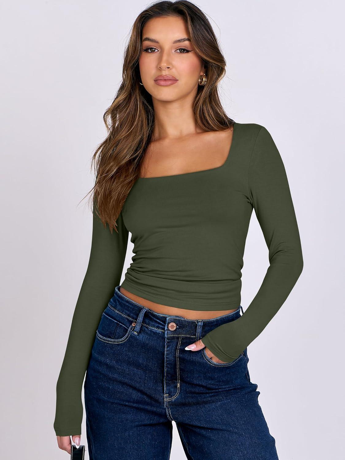 imageANRABESS Women Double Lined Long Sleeve Crop Tops Shirts Square Neck Tight Fitted Going Out TShirt Basic Tee Outfits 2025Army Green