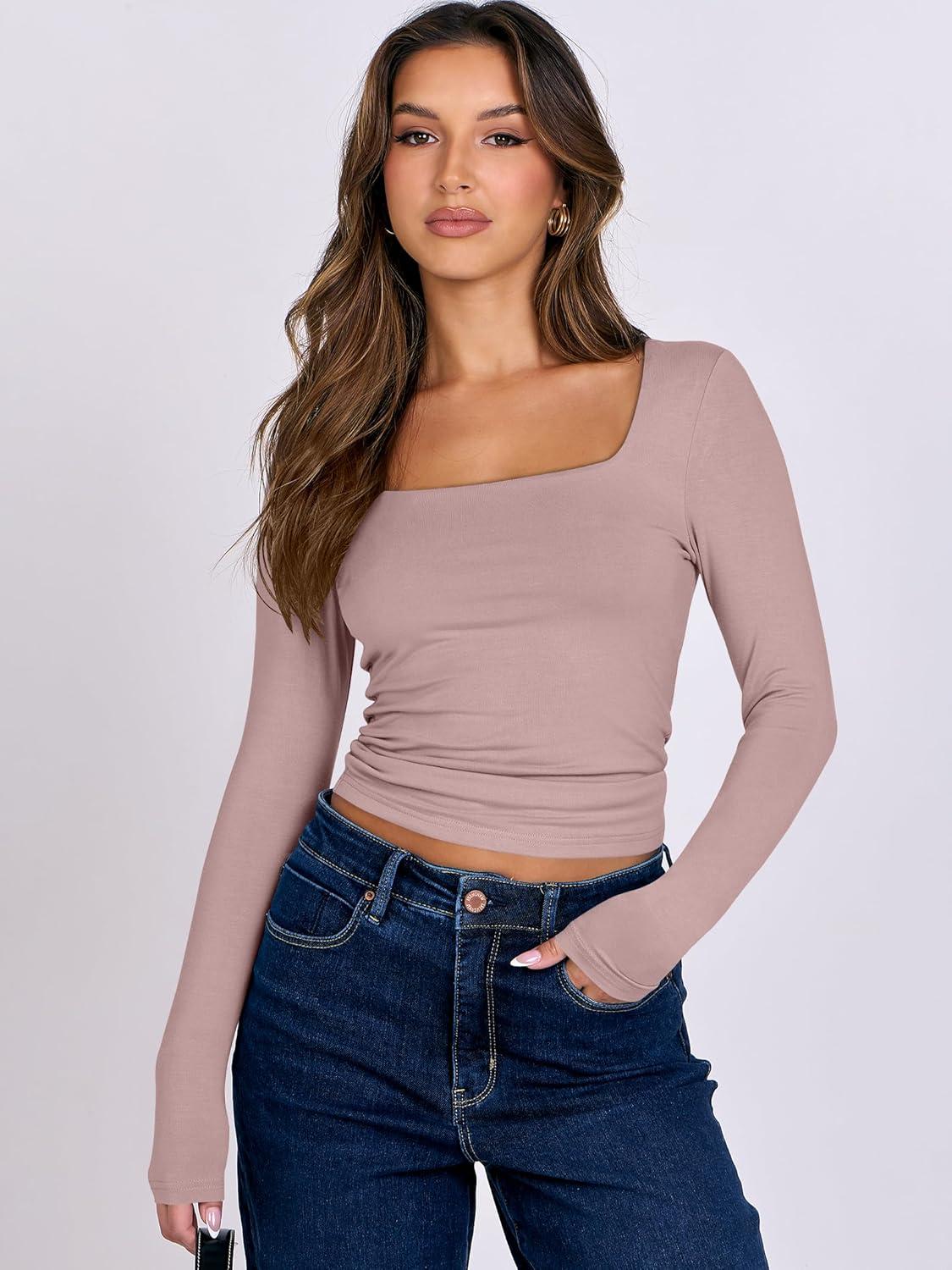 imageANRABESS Women Double Lined Long Sleeve Crop Tops Shirts Square Neck Tight Fitted Going Out TShirt Basic Tee Outfits 2025Grey Pink