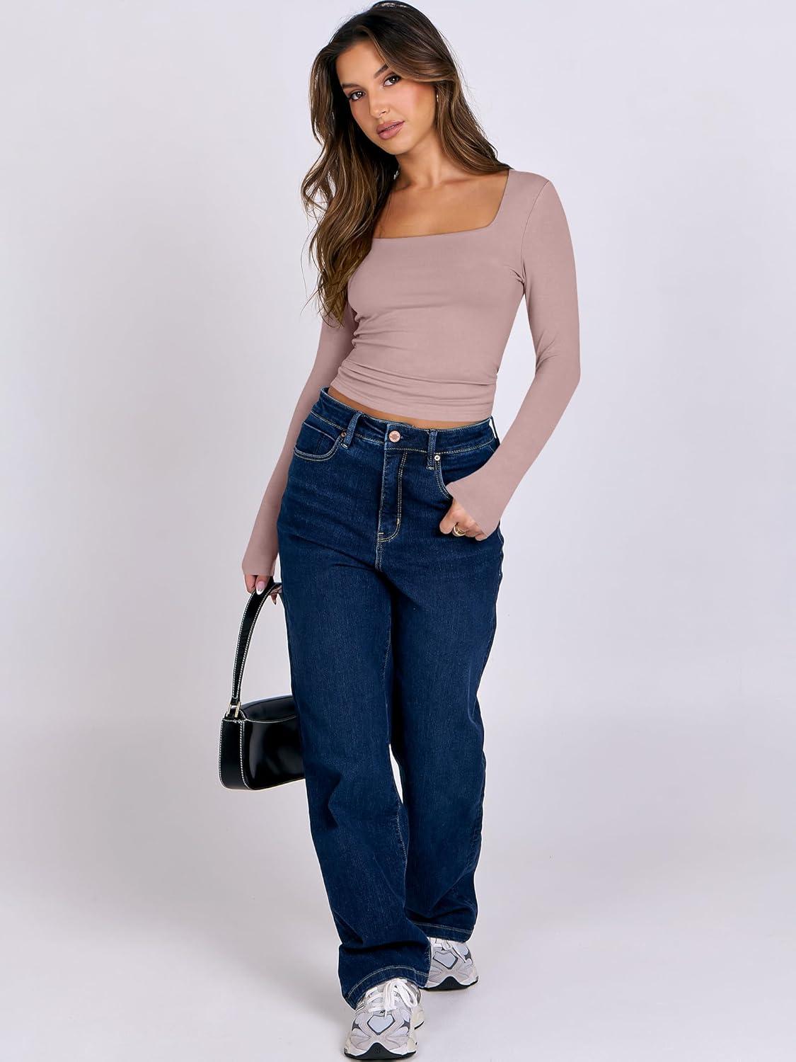 imageANRABESS Women Double Lined Long Sleeve Crop Tops Shirts Square Neck Tight Fitted Going Out TShirt Basic Tee Outfits 2025Grey Pink