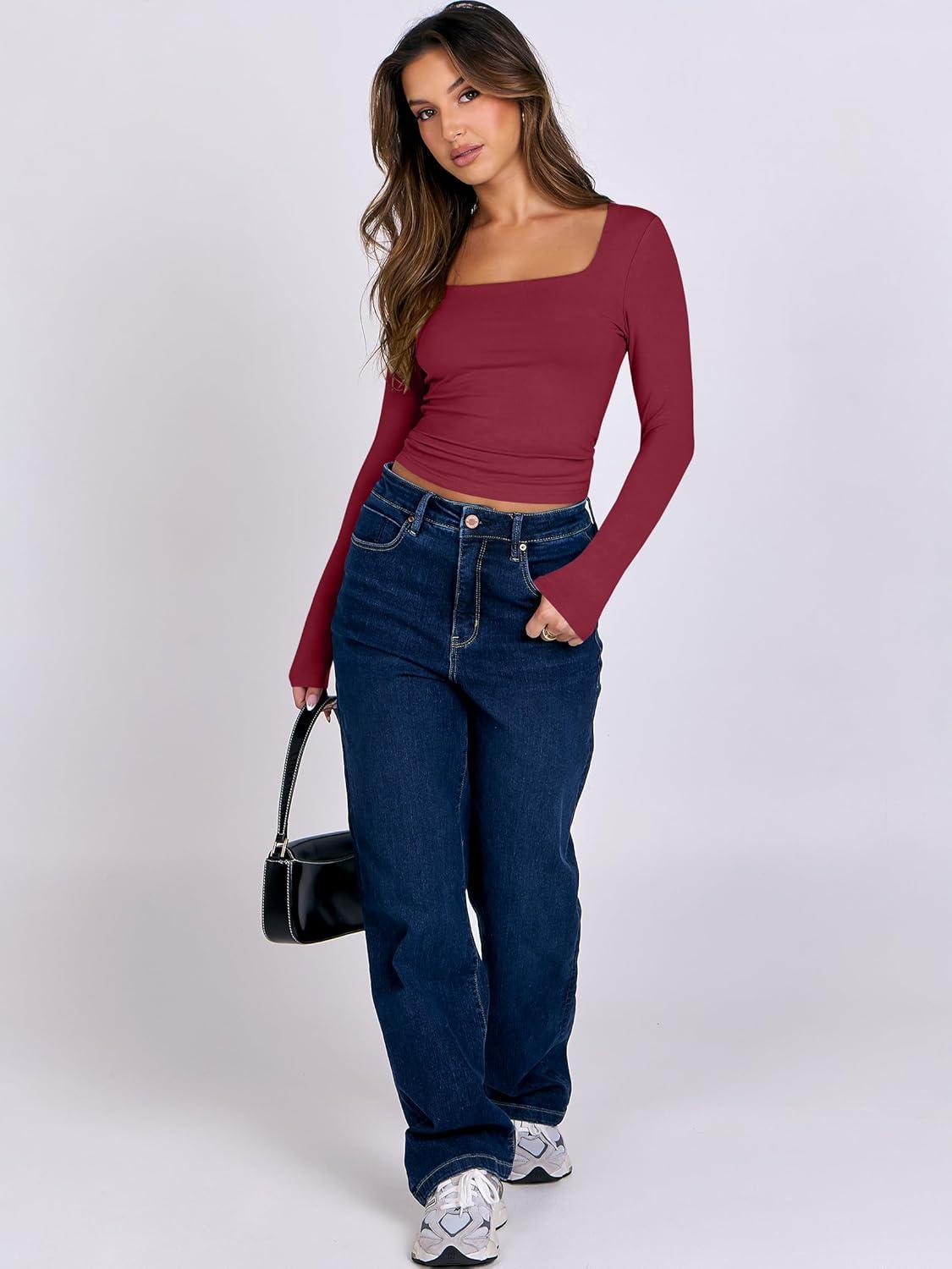 imageANRABESS Women Double Lined Long Sleeve Crop Tops Shirts Square Neck Tight Fitted Going Out TShirt Basic Tee Outfits 2025Red