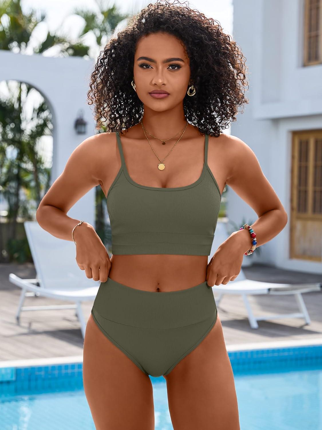 imageANRABESS Women High Waisted Bikini Sets Color Block Summer Beach Vacation 2 Piece Bathing Suit Tummy Control Ribbed SwimsuitArmy Green