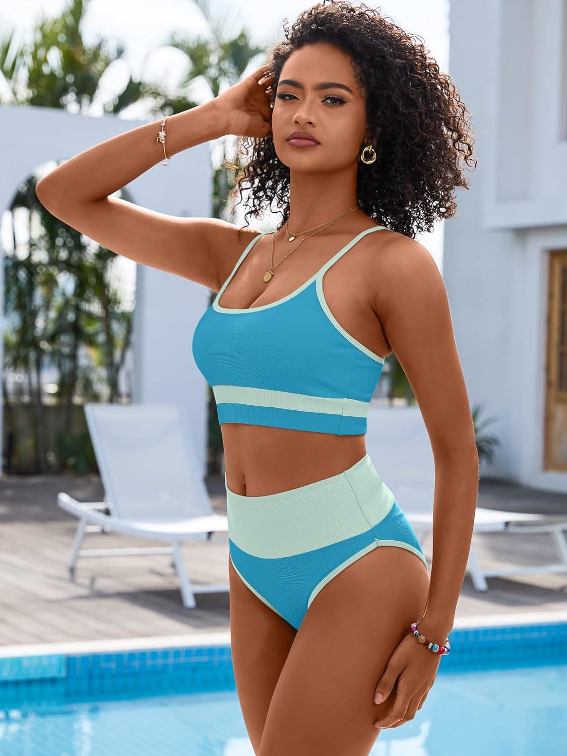 imageANRABESS Women High Waisted Bikini Sets Color Block Summer Beach Vacation 2 Piece Bathing Suit Tummy Control Ribbed SwimsuitBlue Green