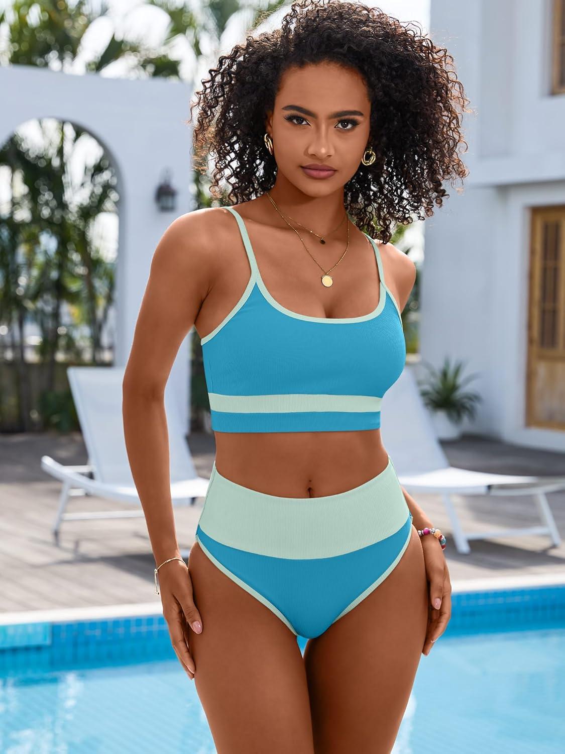 imageANRABESS Women High Waisted Bikini Sets Color Block Summer Beach Vacation 2 Piece Bathing Suit Tummy Control Ribbed SwimsuitBlue Green