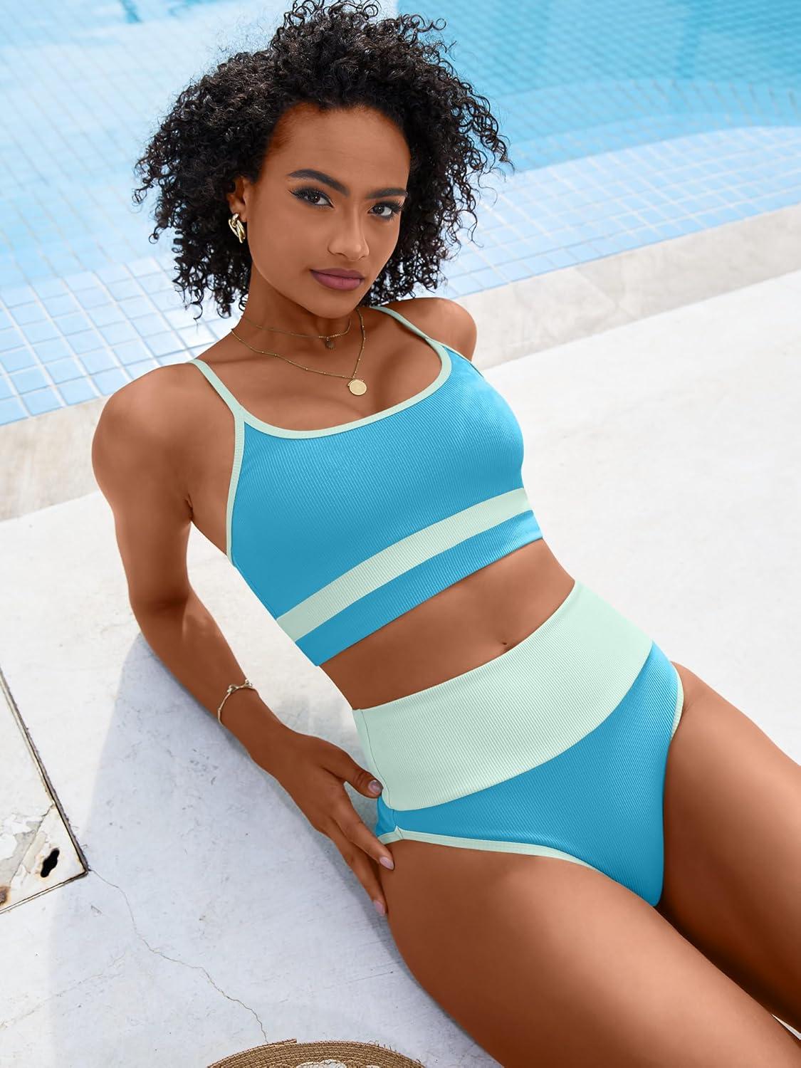 imageANRABESS Women High Waisted Bikini Sets Color Block Summer Beach Vacation 2 Piece Bathing Suit Tummy Control Ribbed SwimsuitBlue Green