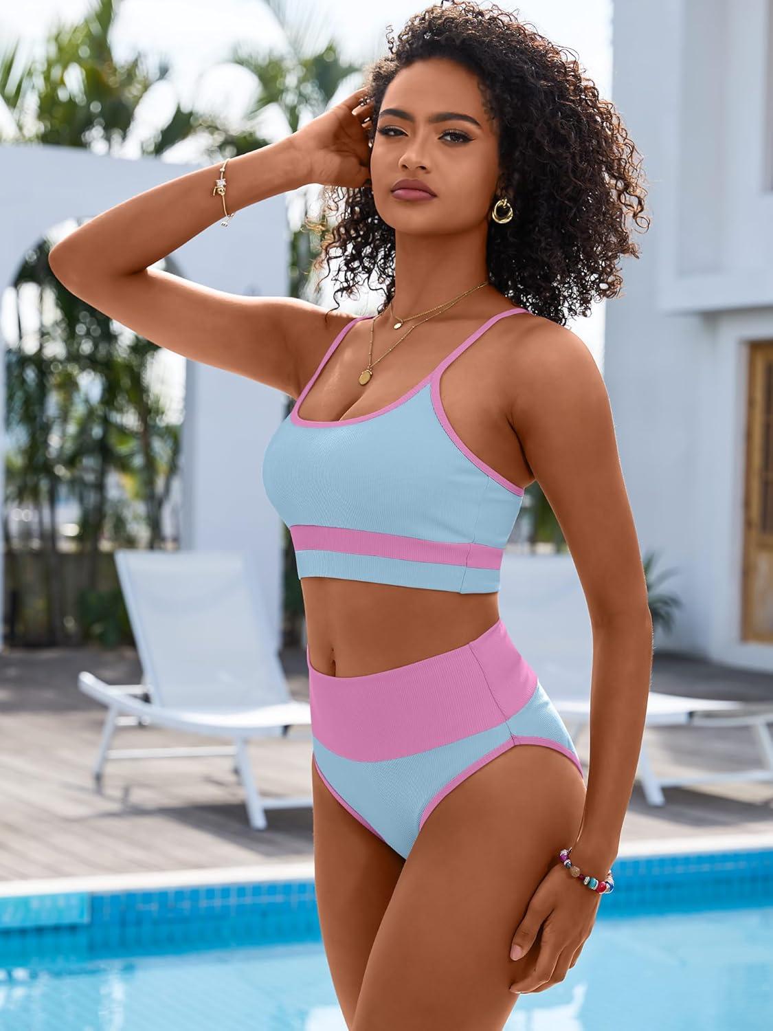 imageANRABESS Women High Waisted Bikini Sets Color Block Summer Beach Vacation 2 Piece Bathing Suit Tummy Control Ribbed SwimsuitBlue Pink
