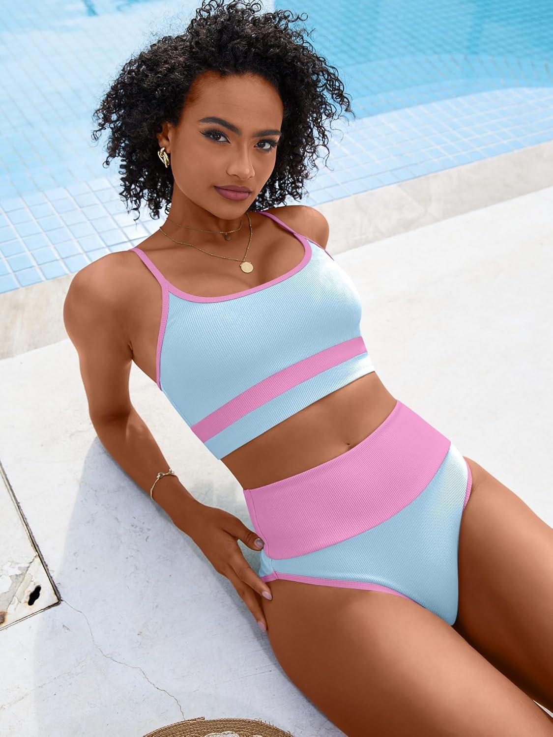 imageANRABESS Women High Waisted Bikini Sets Color Block Summer Beach Vacation 2 Piece Bathing Suit Tummy Control Ribbed SwimsuitBlue Pink
