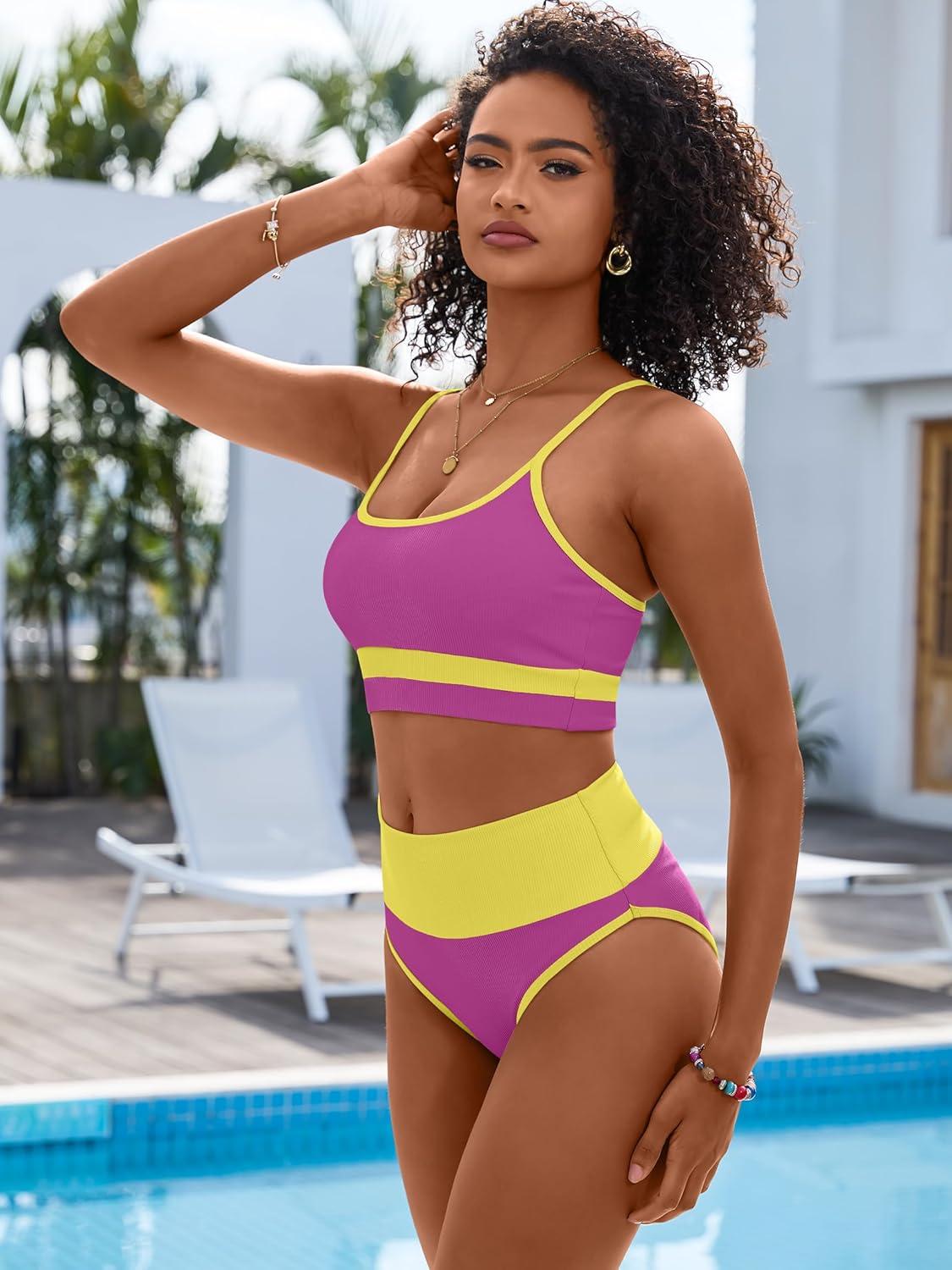 imageANRABESS Women High Waisted Bikini Sets Color Block Summer Beach Vacation 2 Piece Bathing Suit Tummy Control Ribbed SwimsuitRose Yellow