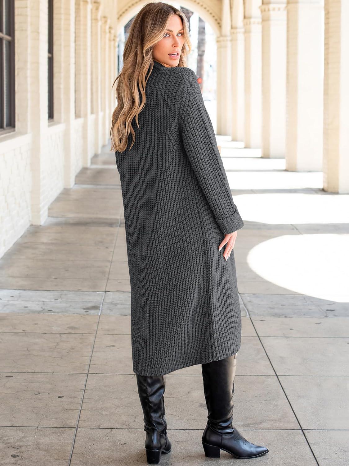 imageANRABESS Women Knit Long Cardigan Long Sleeve Open Front Lapel Oversized Sweater Coat 2025 Fall Duster Outerwear ClothesDark Grey