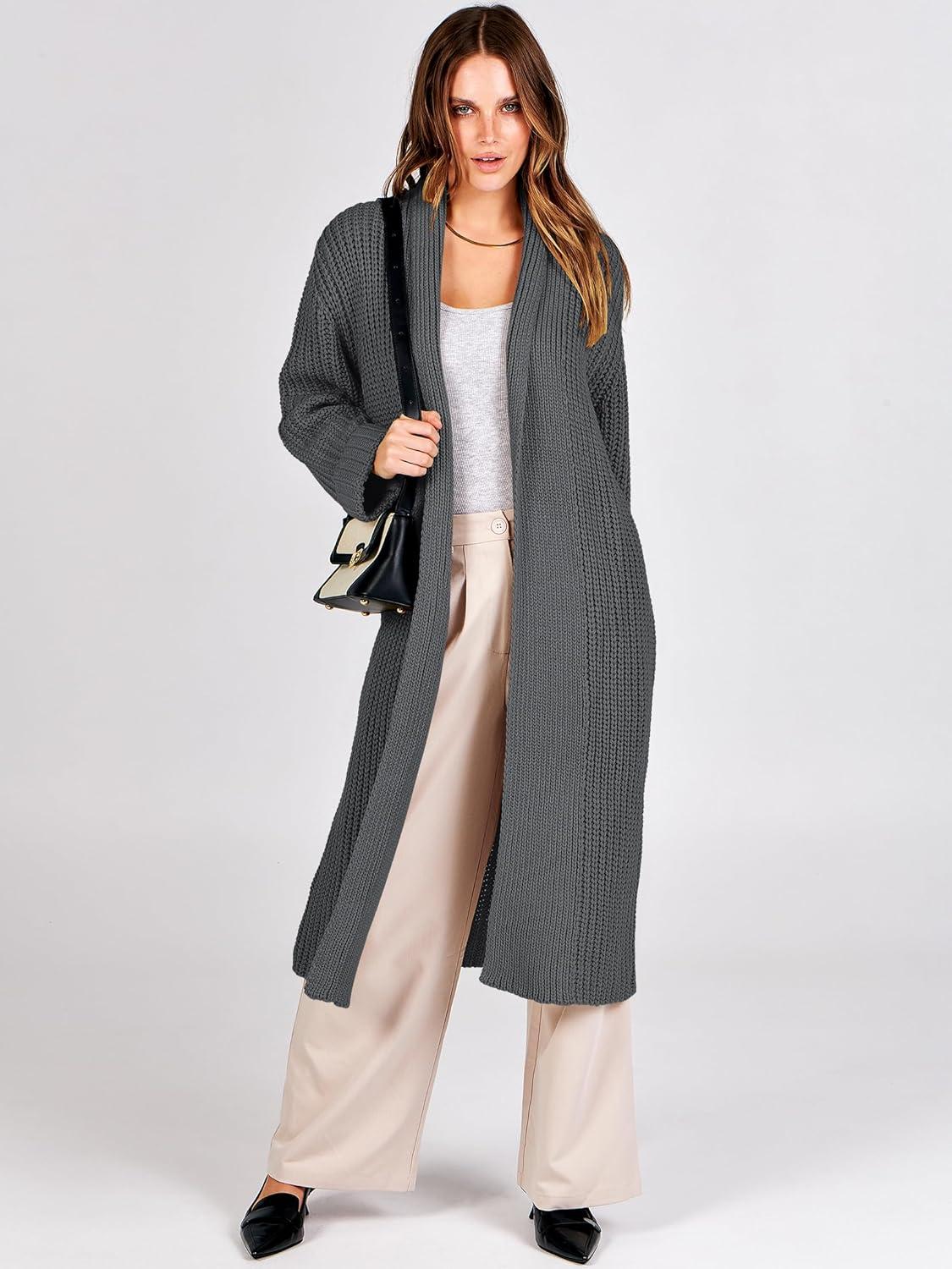 imageANRABESS Women Knit Long Cardigan Long Sleeve Open Front Lapel Oversized Sweater Coat 2025 Fall Duster Outerwear ClothesDark Grey